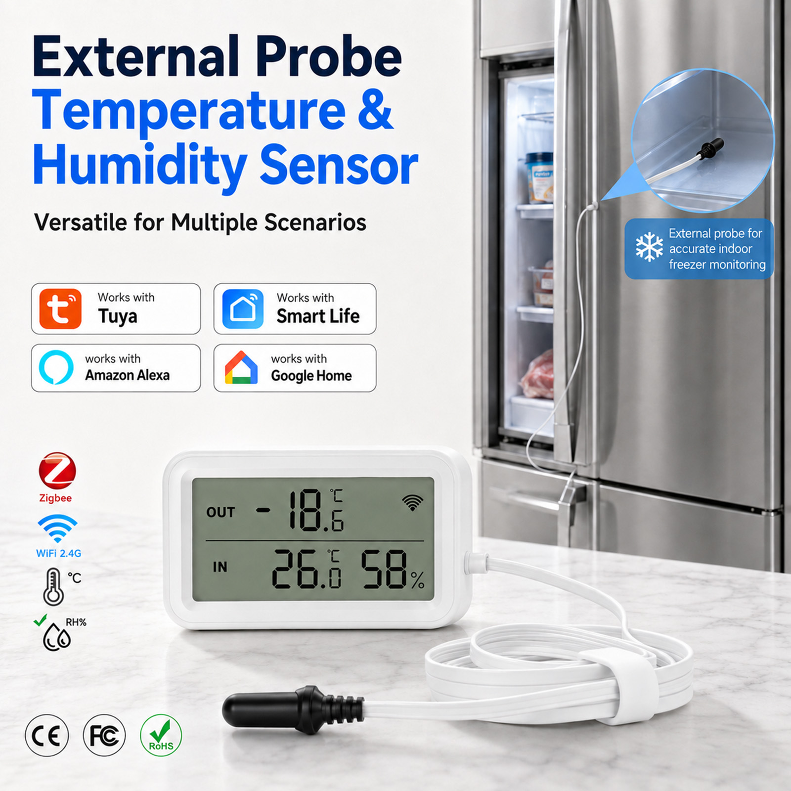 Wifi Thermostat - 外部防水プローブ温度湿度センサー Tuya WiFi LCD温度計湿度計 冷蔵庫、水槽、プール用 Alexa対応