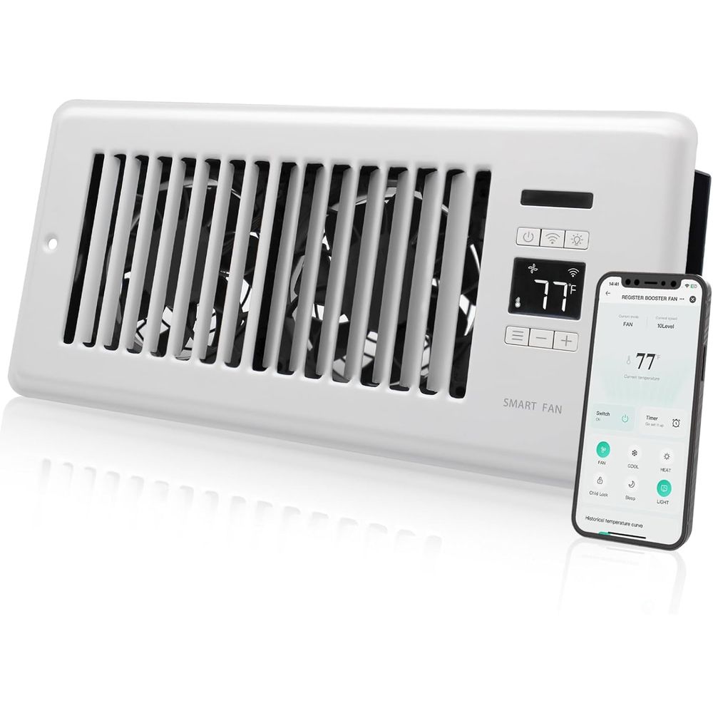 Wifi Thermostat - 超静音レジスターブースターファン（4インチ×10インチのレジスター穴用）、スマートレジスターベント（デュアルインテリジェントサーモスタットとWIFIアプリ搭載）