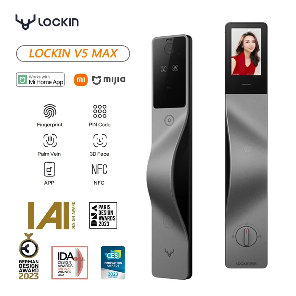 Smart Door Lock Wifi - Lockin V5 Max 3D顔認証スマートロック、掌静脈認証、キャットアイスクリーン、スマートパスワードロック、APPスマートリンク、左開きドア用